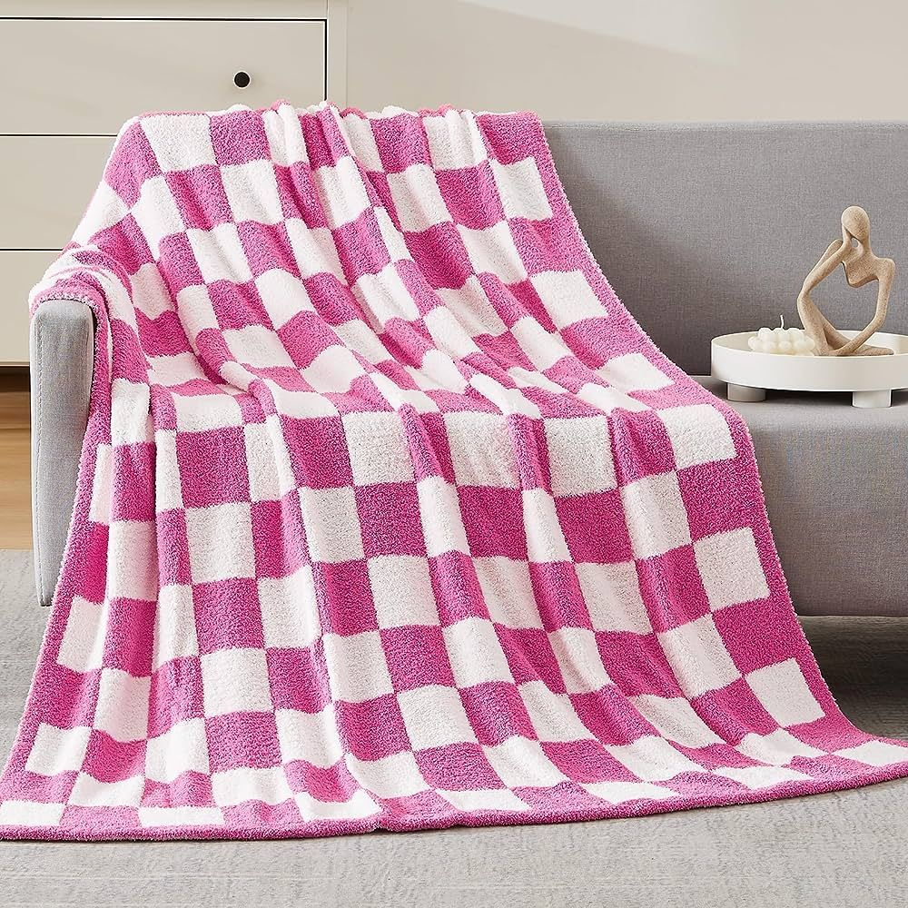 WRENSONGE Checkered Throw Blanket, Hot Pink Microfiber Soft Cozy Fluffy Warm Hand Made Throw Blan... | Amazon (US)
