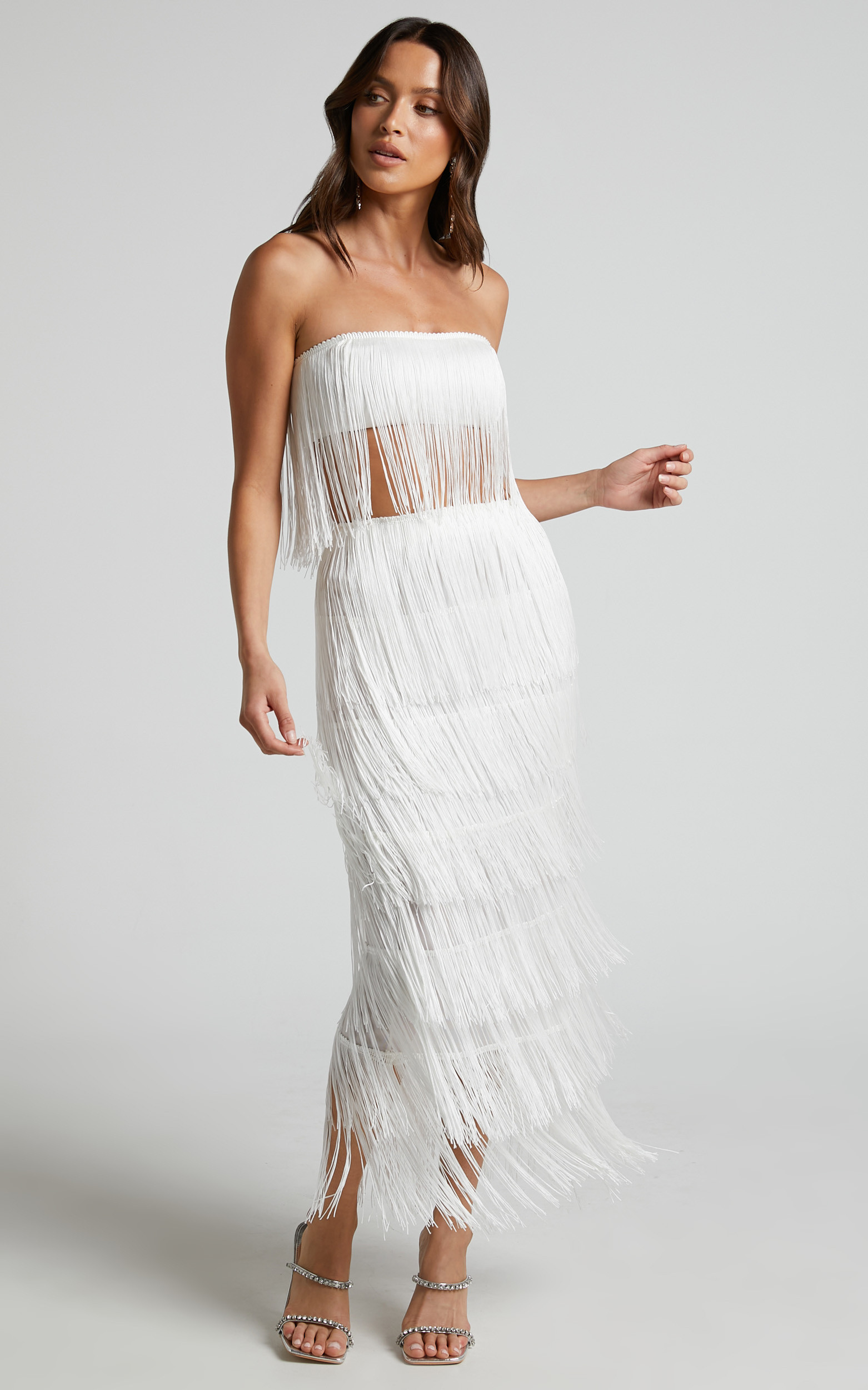Amalee Fringe Strapless Crop Top and Midi Skirt Two Piece Set in White | Showpo (US, UK & Europe)