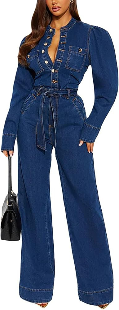 Denim Jumpsuit for Women Casual Long Sleeve Button Down Crew Neck Waist Tie Jean Jumpsuit Streetw... | Amazon (US)