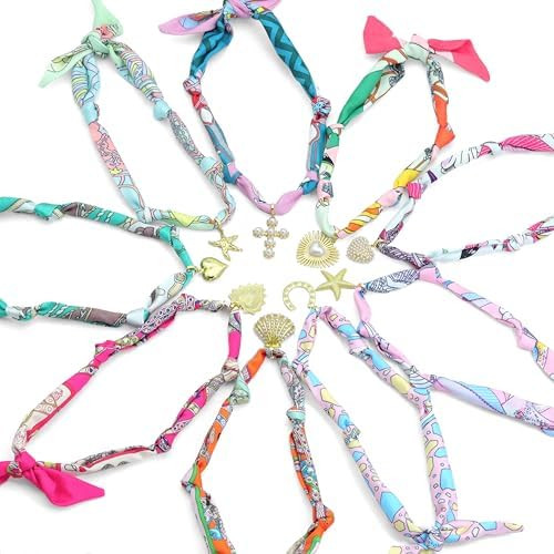 Convertible Silk Scarf Necklace, Adjustable Statement Jewelry with Gold-Plated Charms, 90cm Lengt... | Amazon (US)