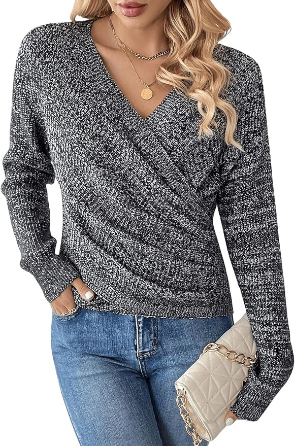 SOLY HUX Women's V Neck Long Sleeve Off Shoulder Sweaters Criss Cross Wrap Ruched Pullover Fall T... | Amazon (US)