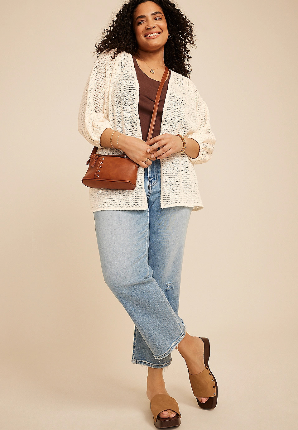Plus Size Crochet Blouson Sleeve Open Front Cardigan | Maurices