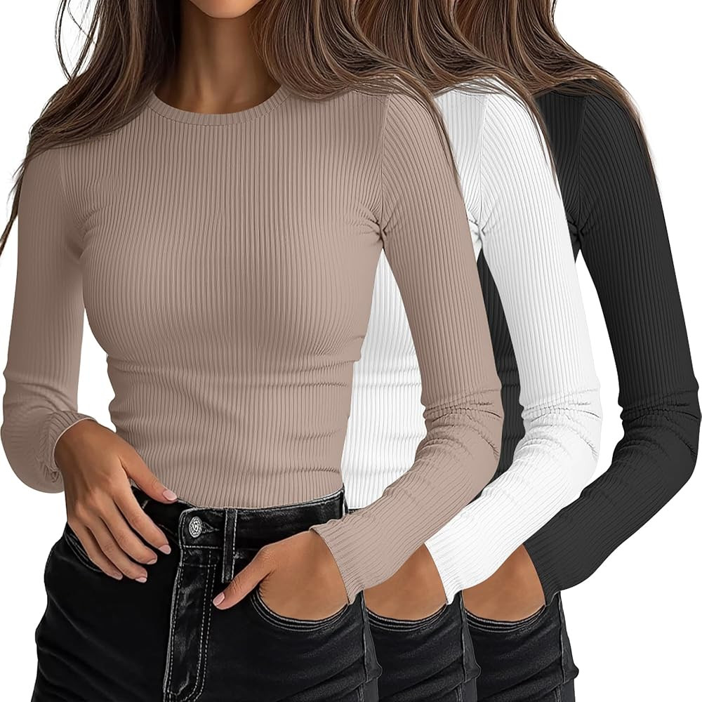 Ficerd 3 Pack Women's Ribbed Long Sleeve Tops, Crew Neck Slim Fit Undershirts Knit Basic Casual S... | Amazon (US)