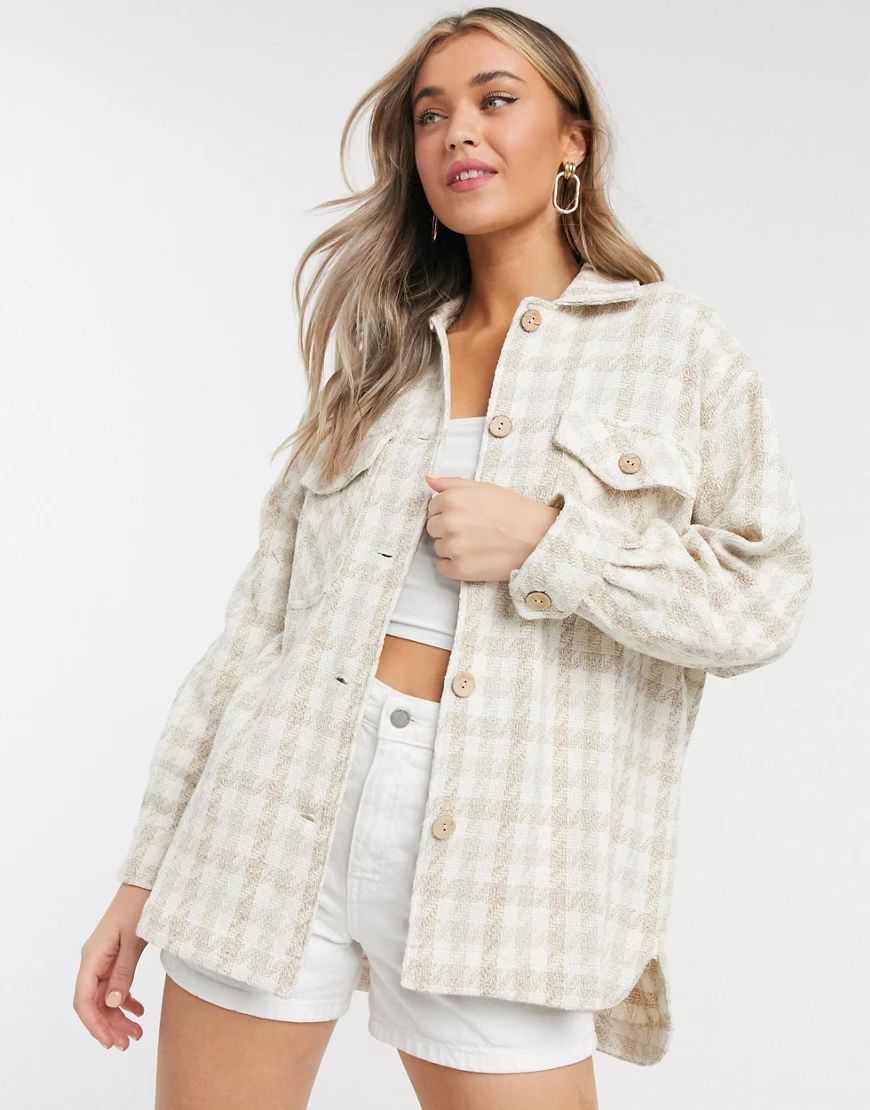 Pull&Bear shacket in tan and white check-Multi | ASOS (Global)