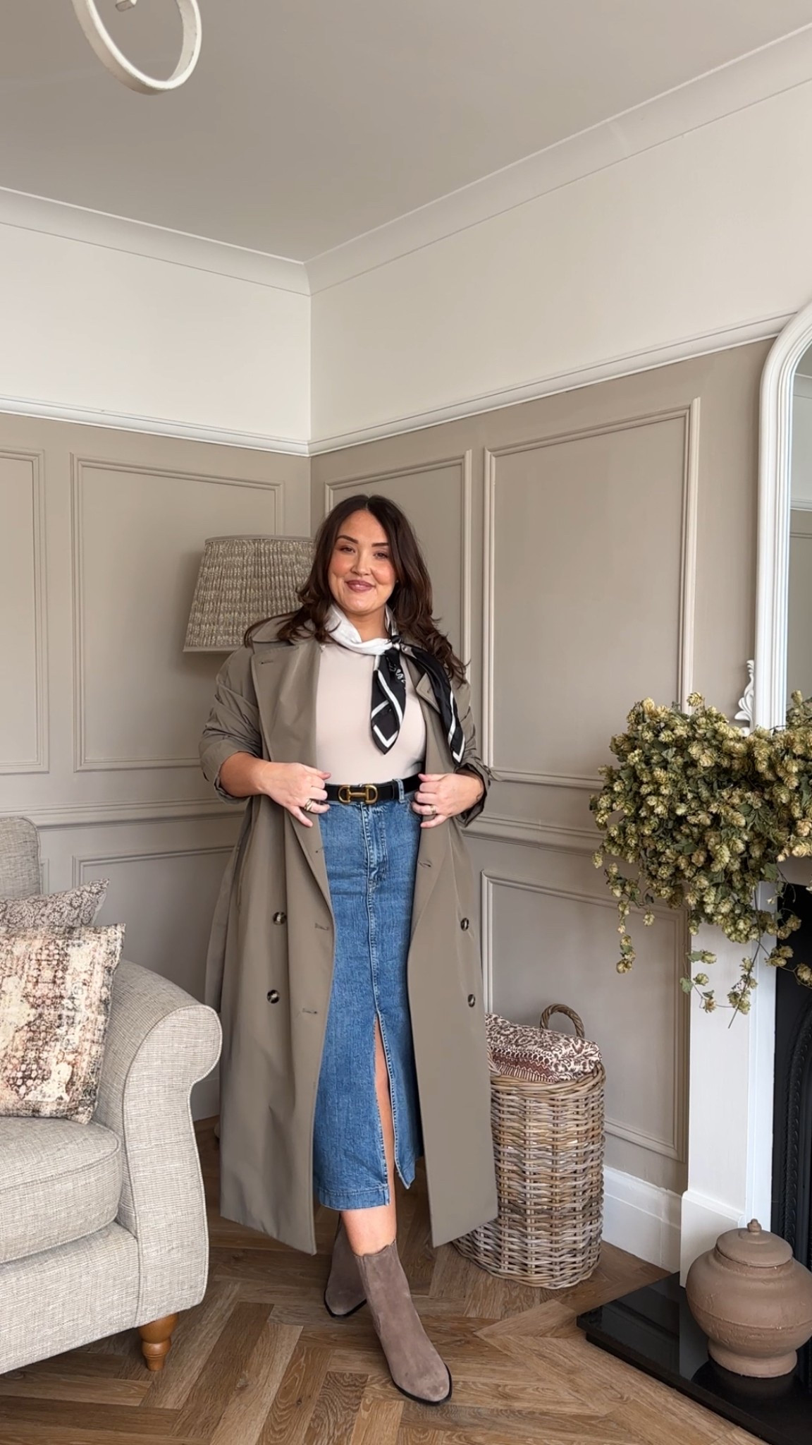 Day 3 of spring outfits 30 days ♥️ The trusty Denim skirt is out. A firm favourite of mine in spring/ summer. I've paired it with my trench coat ( this is actually dark beige it shows very weird in camera almost khaki but the khaki one they sell is very green I'll link the exact one. also just a simple vest but elevating the look with a classy belt and neck scarf completely changes the look. 

#LTKuk #LTKsummer #LTKspring