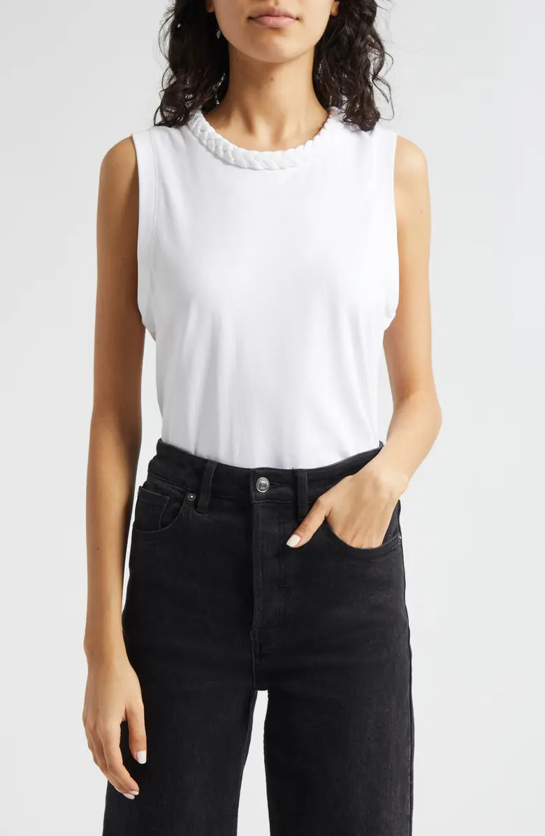 Cinq à Sept Braid Accent Sleeveless Cotton T-Shirt | Nordstrom | Nordstrom