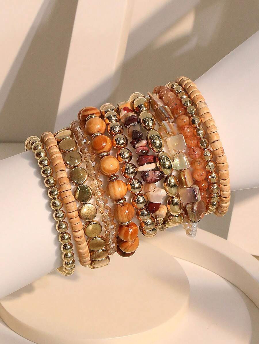 12pcs/Set Bohemian Style Brown Beaded Bracelet Set, Suitable For Women Daily And Beach Wear | SHEIN