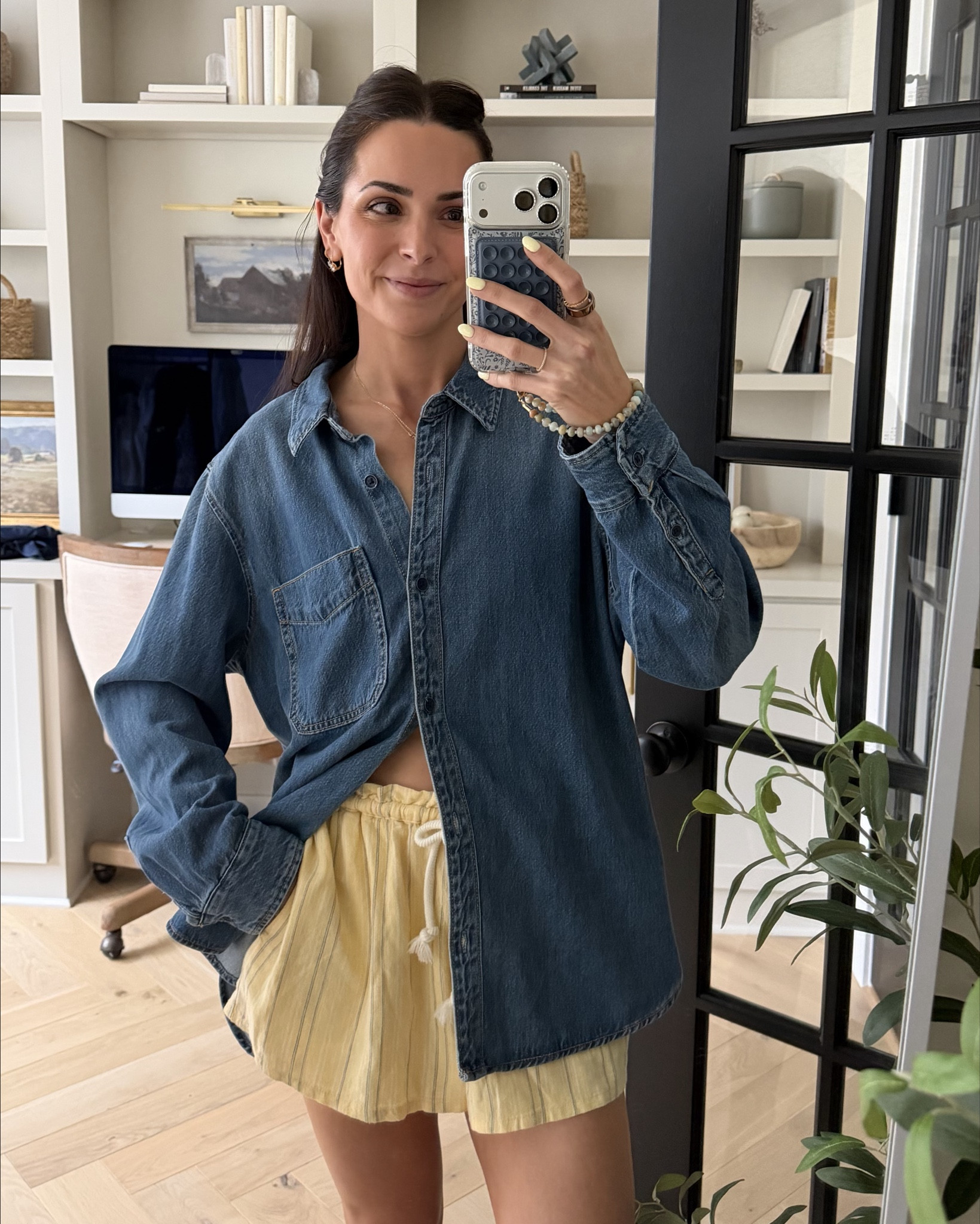 Target denim shirt back in stock!! @target #TargetPartner #Target 
I sized up 2x to a L for this oversized fit and it’s perfect. 

Yellow stripe shorts are true to size, size down if between! Wearing my true S. 

#LTKmomlife #LTKootd #LTKSeasonal