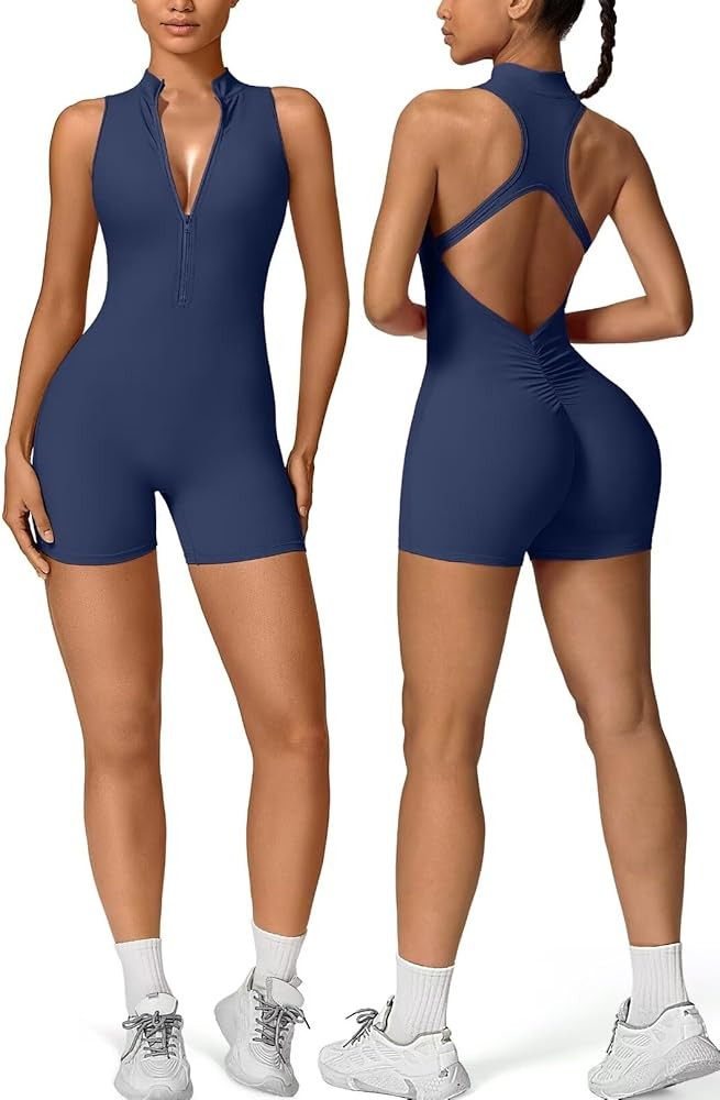 Vertvie Workout Jumpsuits for Women Zip Up Tummy Control Sleeveless One Piece Rompers Shorts V Ba... | Amazon (US)