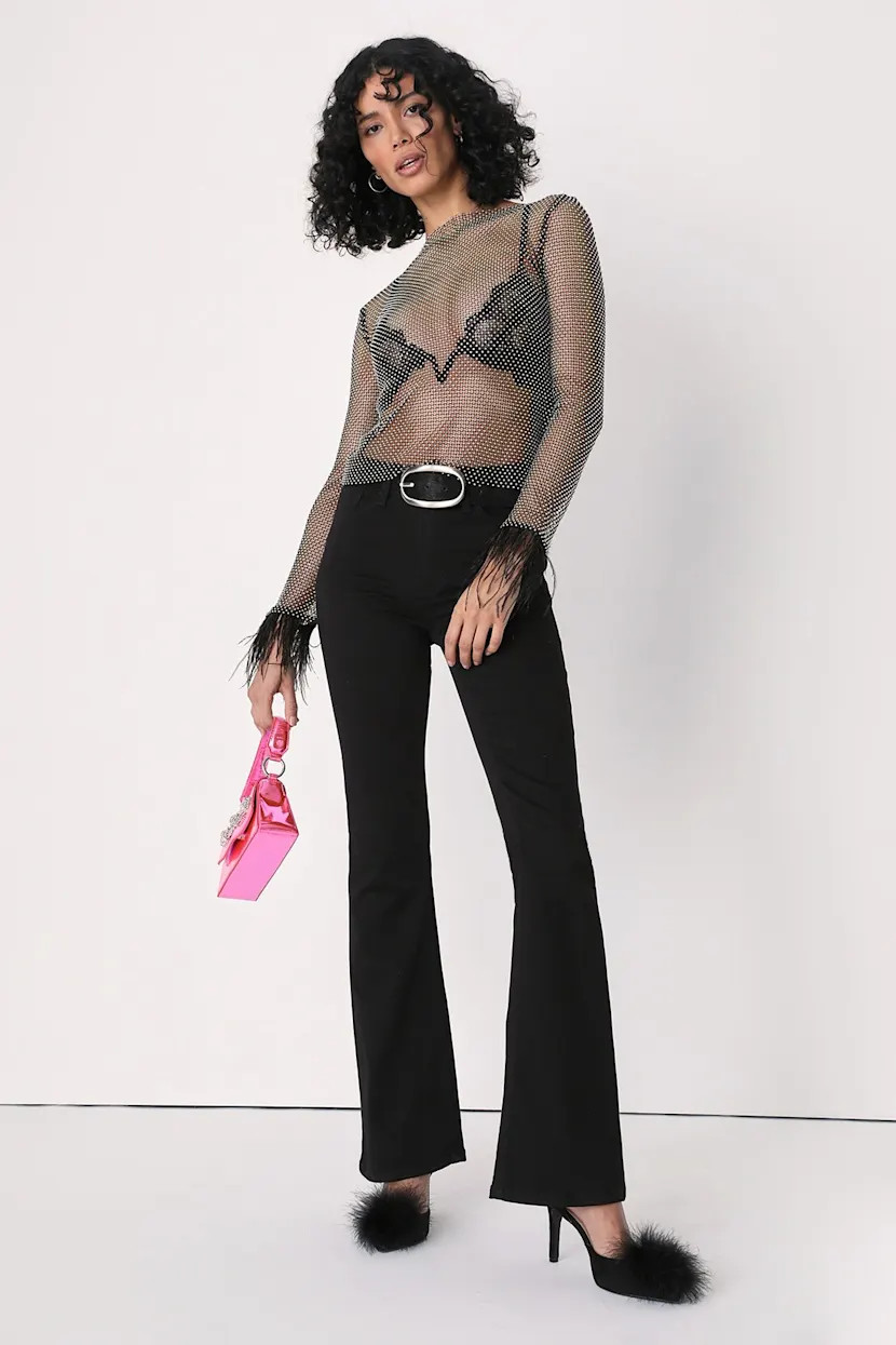 Charlize Black Mesh Rhinestone Long Sleeve Top | Lulus (US)