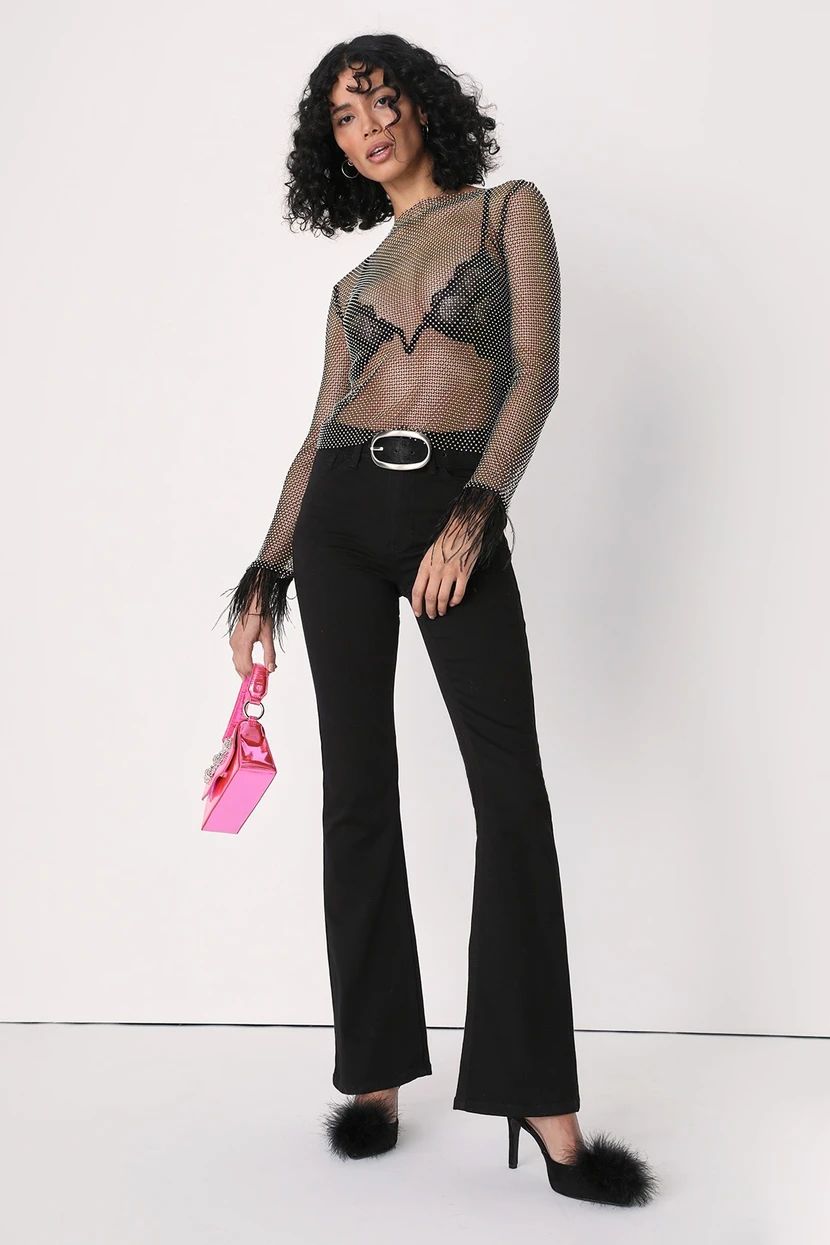 Charlize Black Mesh Rhinestone Long Sleeve Top | Lulus (US)