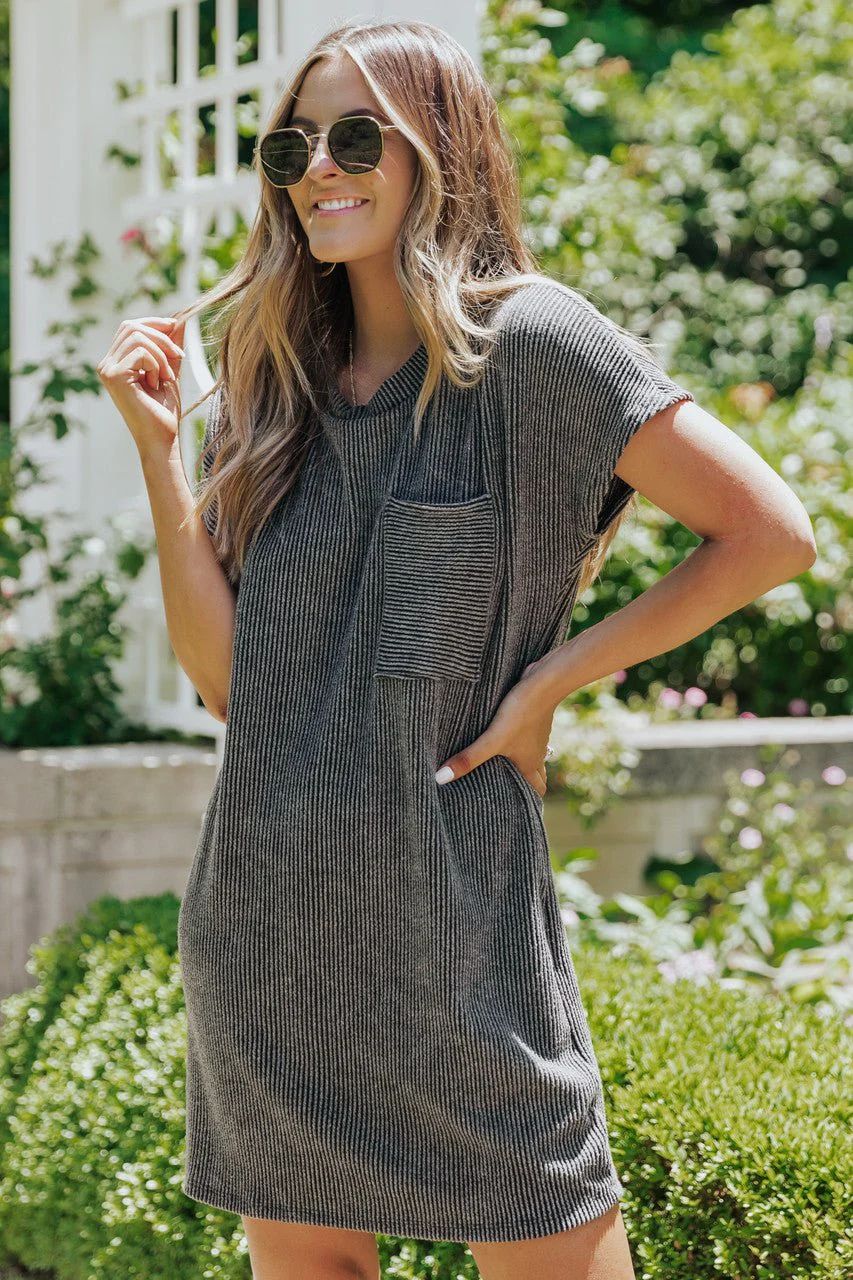 Remy Ribbed Pocket Tee Mini Dress in Charcoal ⋙AFTERPAY⋘ | Magnolia Boutique