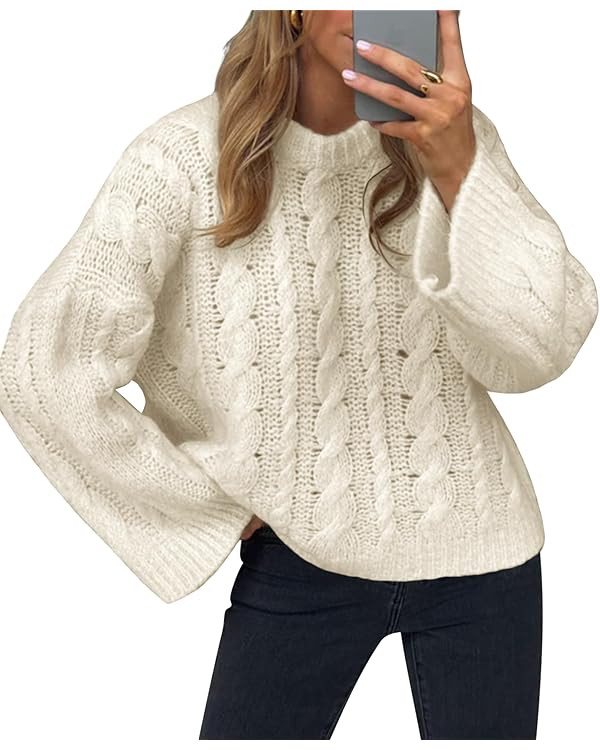 Women's Cable Knit Sweater Pullovers Crewneck Long Sleeve Oversized Y2k Vintage Fall Winter Cozy ... | Amazon (US)