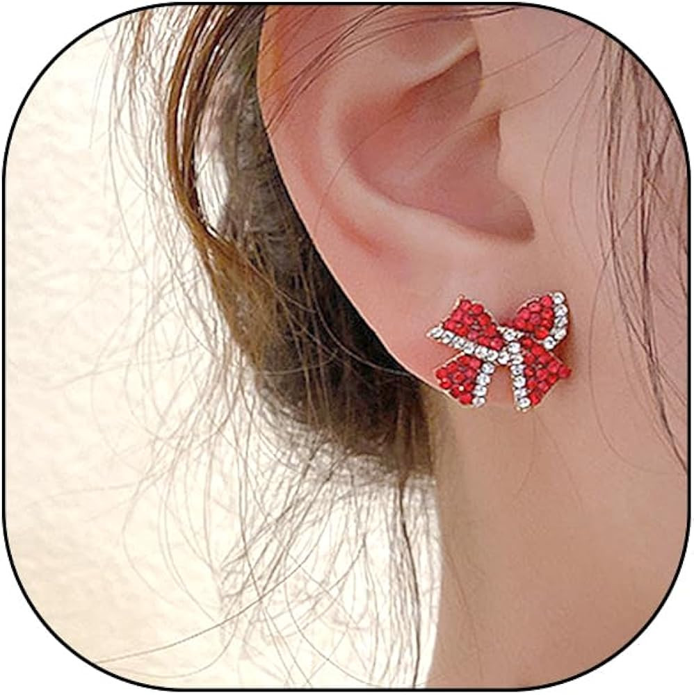 Red Zircon Crystal Small Bow Stud Earrings, Dainty Ribbon Christmas Gift Tiny Earrings, Classic S... | Amazon (US)