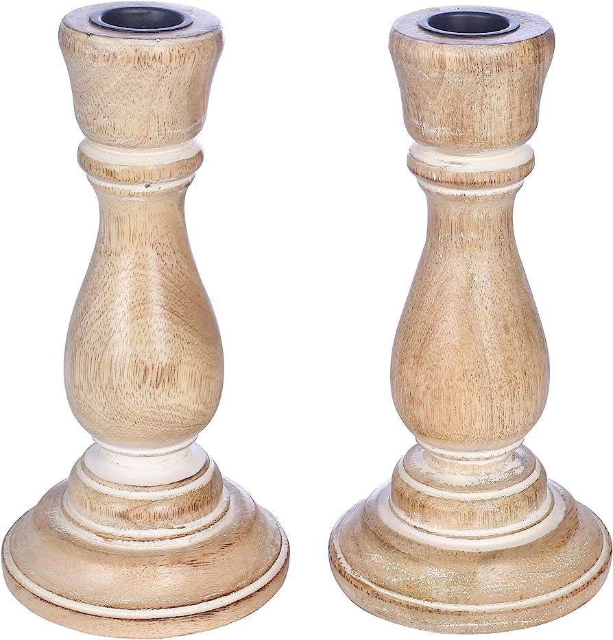 Wooden Candlestick Holder Set of 2 - 7x3.5 Inch - White Wash, Decorate Dinner Table, Coffee Table... | Amazon (US)