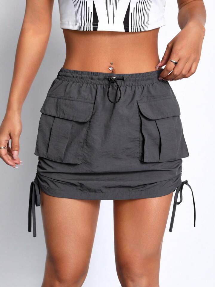 SHEIN ICON Flap Pocket Drawstring Side Cargo Skirt | SHEIN
