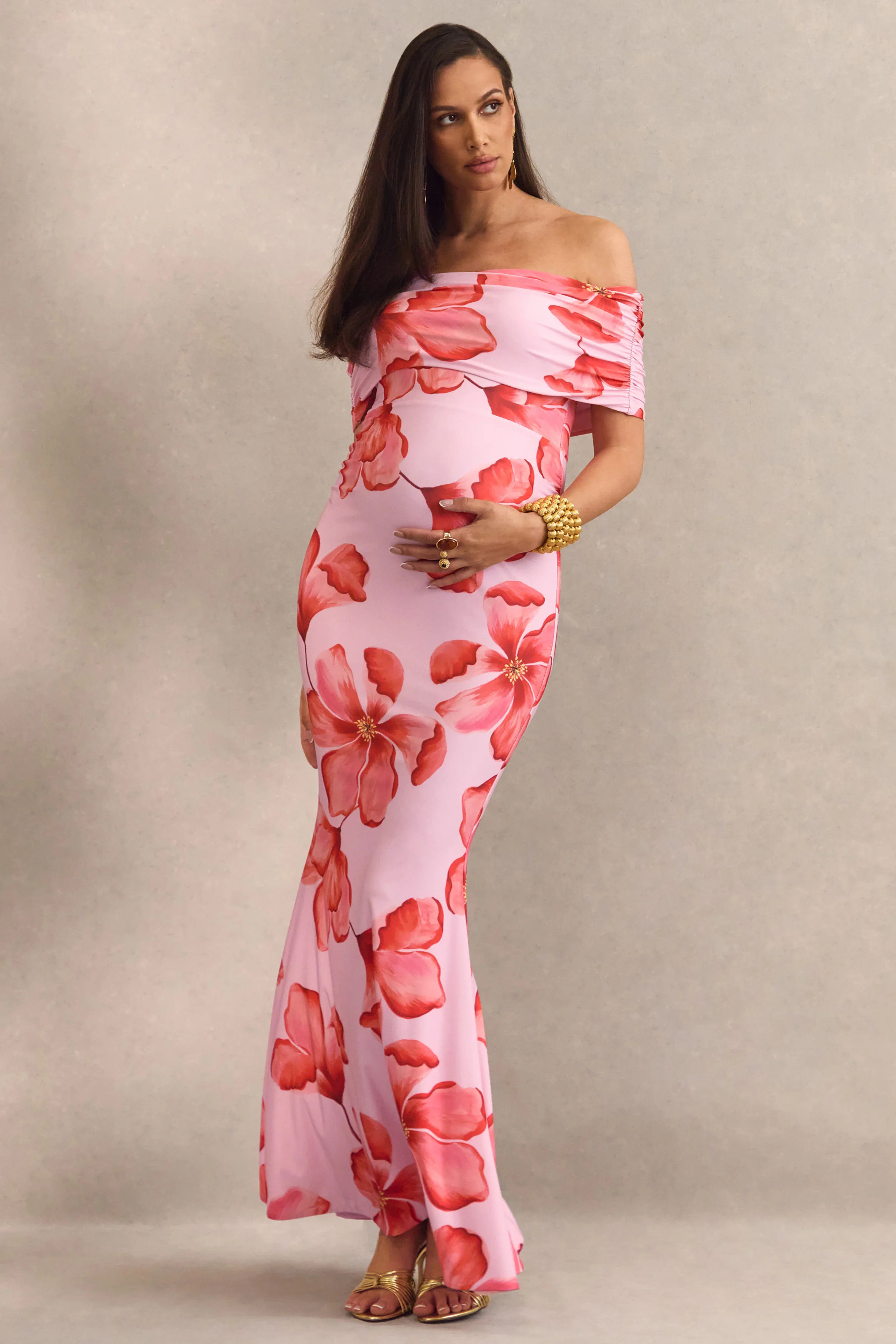 Dalisay | Pink Floral Print Bardot-Neck Maternity Maxi Dress | Club L London