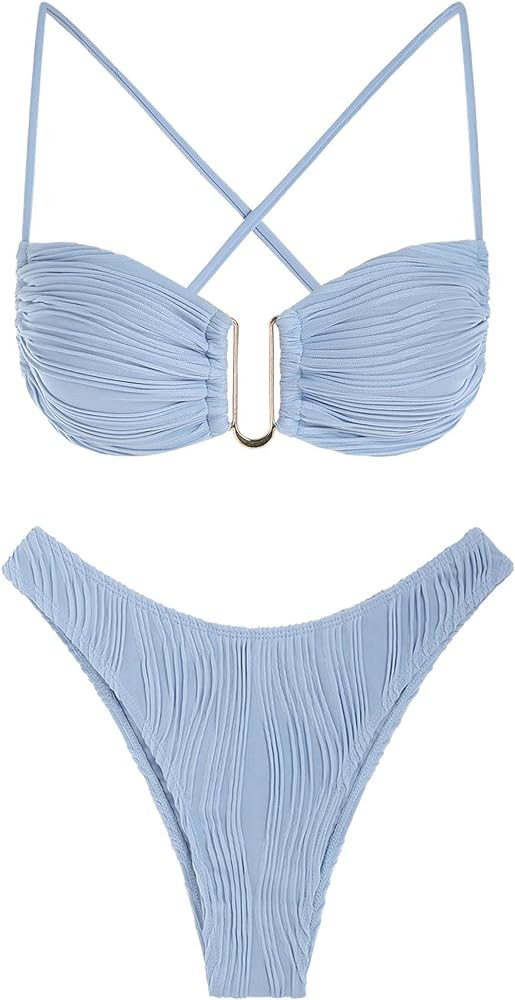 ZAFUL Women Bikini Sets Ribbed Texture U Metal Criss Cross High Cut Swimsuit Back Tie Bathing Sui... | Amazon (US)