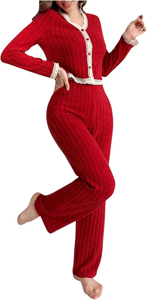 MakeMeChic Women's Two Piece Pajama Set V Neck Rib Knit Button Down Top and Pants Lounge Sets | Amazon (US)