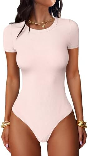 ANRABESS Women's Bodysuits Short Sleeve Crew Neck Slim Fit Casual Tops Ribbed Knit Soft Basic Tee... | Amazon (US)