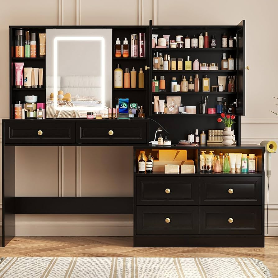 Vabches 58.6" Large Vanity Desk with Sliding Mirror & Lights, Black Makeup Vanity Table & Nightst... | Amazon (US)