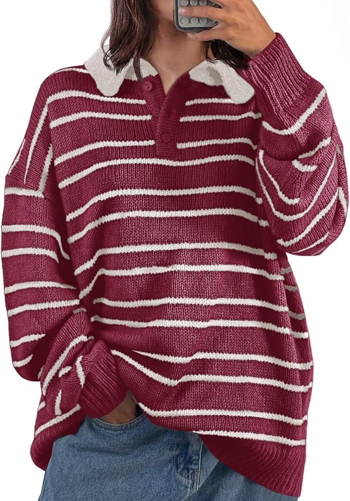 Saodimallsu Womens Striped Swaters Button Collared Polo Shirts Oversized Long Sleeve Chunky Knit ... | Amazon (US)