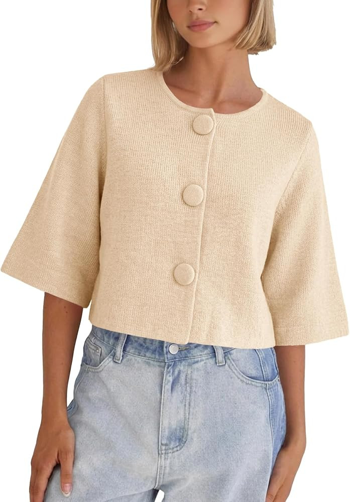 Tankaneo Womens Cropped Half Sleeve Cardigan Sweaters Knit Button Down Tops | Amazon (US)