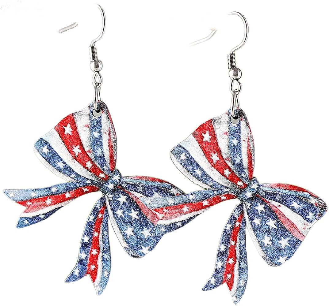 American Flag Dangle Earrings Patriotic 4th of July Earring for Women Red White Blue Bow Independence Day Memorial Day Holiday Party Accessories Gifts | Amazon (US)