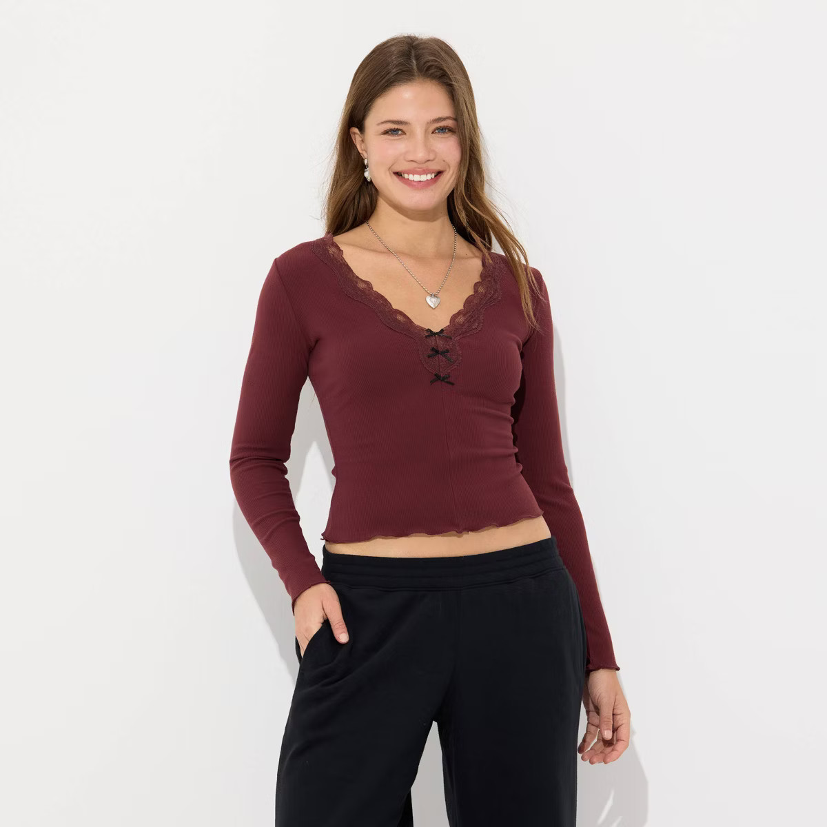 Women's Long Sleeve V-Neck Lace Trim Super Soft Top - Wild Fable™ | Target