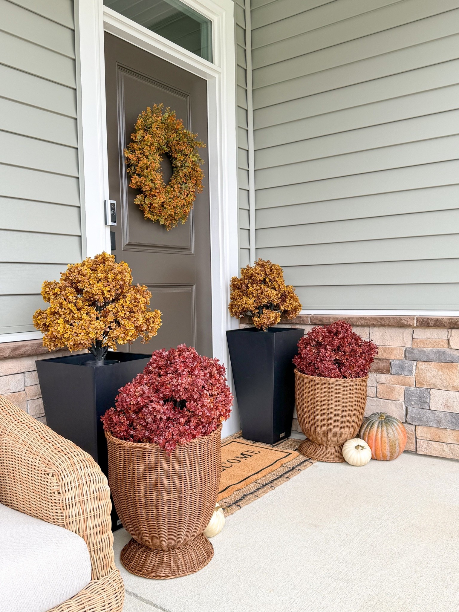 #ad This gorgeous fall wreath and boxwood fall plants are perfect for a maintenance free front porch. The plants are UV resistant and the colors are beautiful! @Wayfair 

#wayfairpartner #wayfair #falldecor #fallfrontporchdecor #fallwreath #fallplants

#LTKHome #LTKSaleAlert #LTKSeasonal