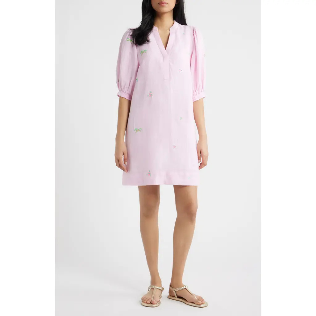 Lilly Pulitzer® Mialeigh Embroidered Linen Shift Dress in Pink Derby Ditsy at Nordstrom, Size 0 | Nordstrom
