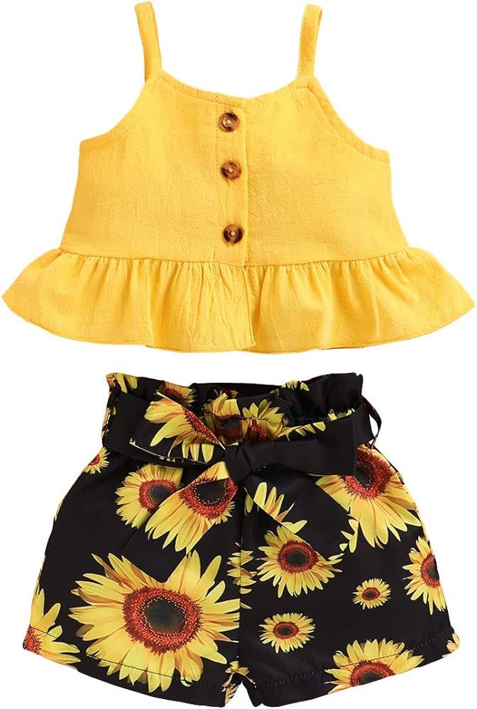 Kucnuzki Toddler Baby Girl Clothes Summer Outfits Ruffle Sleeveless Linen Shirt Kid Short Set for... | Amazon (US)