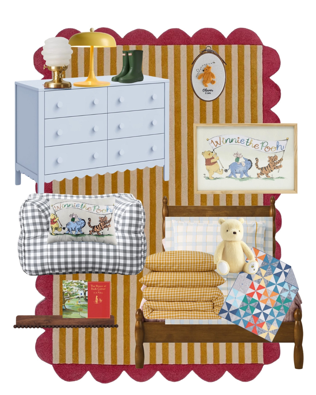Winnie the Pooh kids room inspiration featuring the classic Pooh wall art and matching pillow from Kohl’s that inspired the whole space. Cozy storybook decor with warm honey tones, gingham accents, vintage style furniture, and playful Hundred Acre Wood details. Perfect inspiration for a Winnie the Pooh themed kids room  

#LTKKids #LTKHome