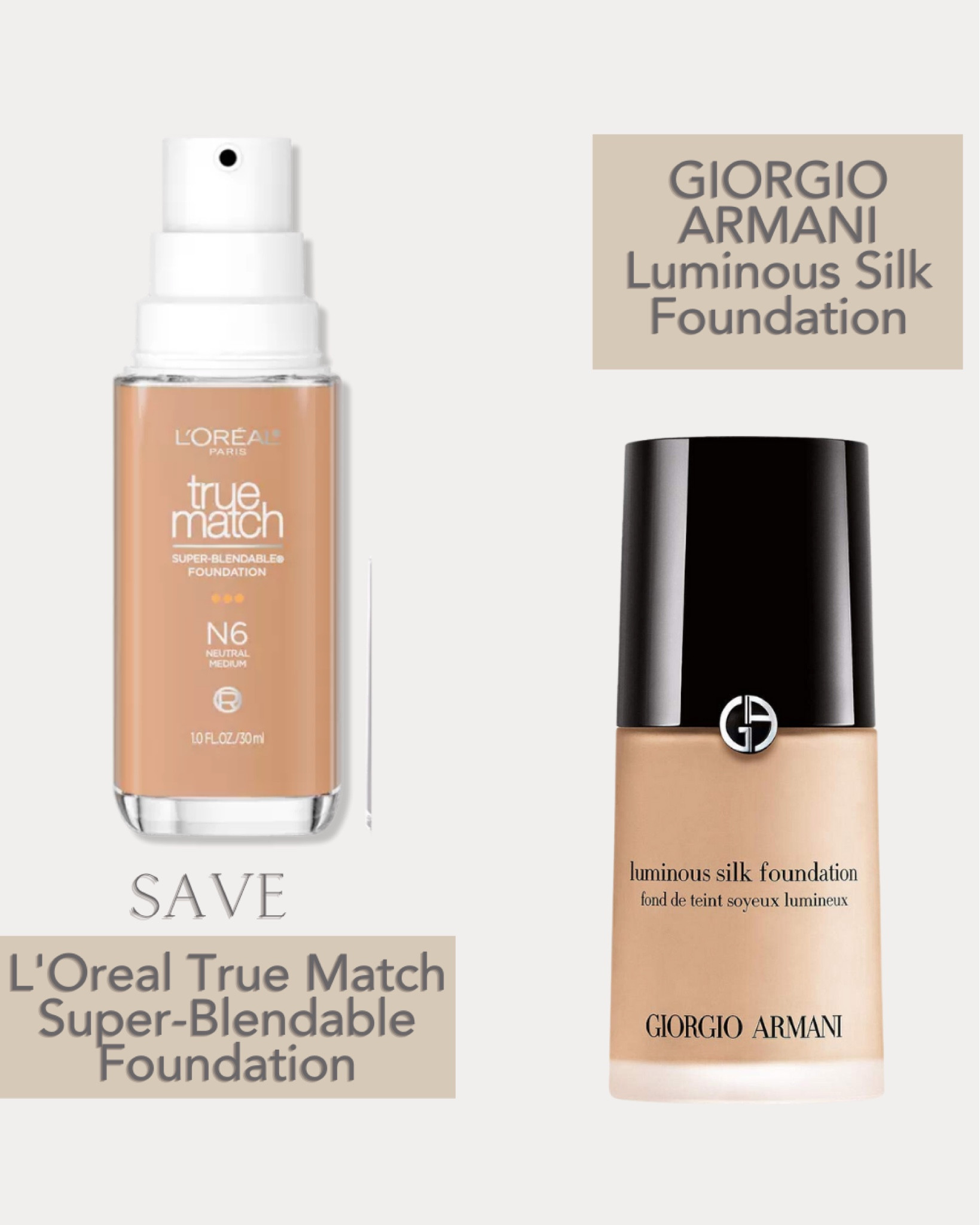 GIORGIO ARMANI Luminous SIlk Foundation drugstore dupes. Here is L’Oreal True Match Super-Blendable Foudation, the best dupes for GIORGIO ARMANI Foundation. Best high-end makeup dupes.

#LTKunder50 #LTKbeauty
