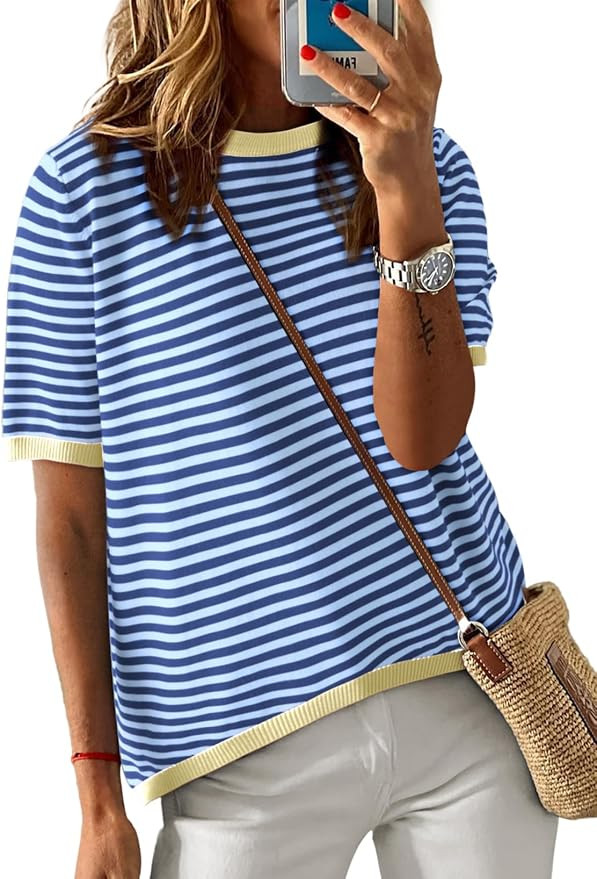 Dokotoo Womens Tops 2026 Casual Summer Crewneck Short Sleeve Striped Color Block Knit High Low Tr... | Amazon (US)