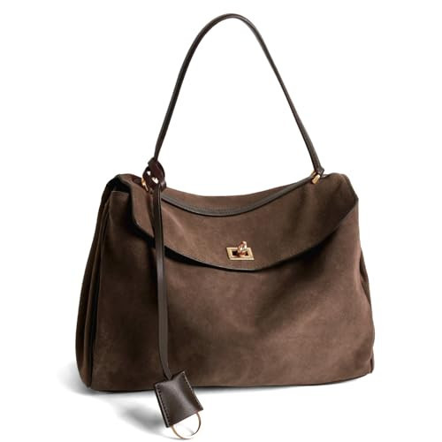 BOYATU Leather Suede Tote Bag for Women: Genuine Leather Shoulder Handbag - Large Suede Purse Satchel Bag (Taupe) | Amazon (US)