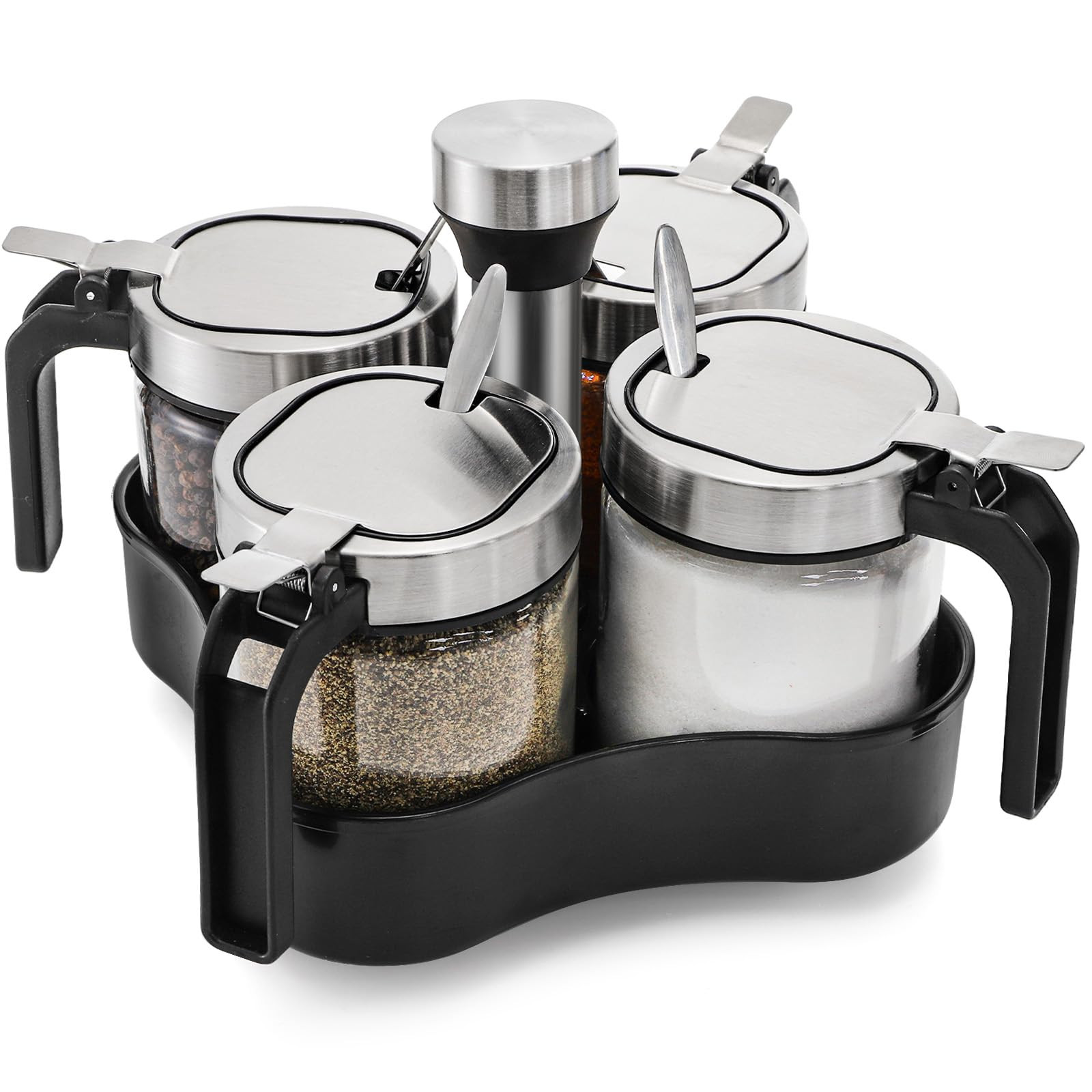 Revolving Condiment Pots Spice Rack Organizer with 4 Pack Seasoning Jars and Spoons, Rotating Spi... | Amazon (US)