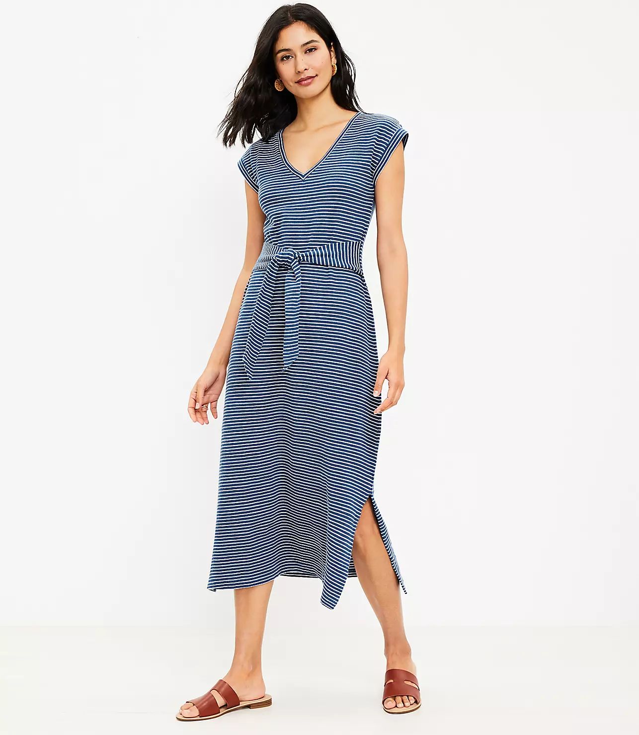 Striped Tie Waist V-Neck Midi Dress | LOFT