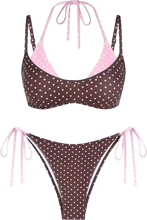 ZAFUL Women's Polka Dot Bikini Set Double Layer Halter Swimsuit Colorblock Side Tie 2 Piece Bathi... | Amazon (US)