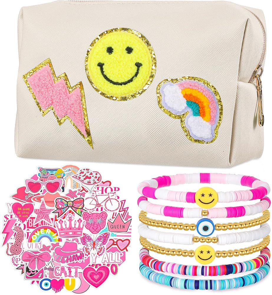 58 Pcs Preppy Makeup Bag Set Pu Leather Aesthetic Waterproof Portable Cosmetic Bag Travel Pouch 7 Pc | Amazon (US)