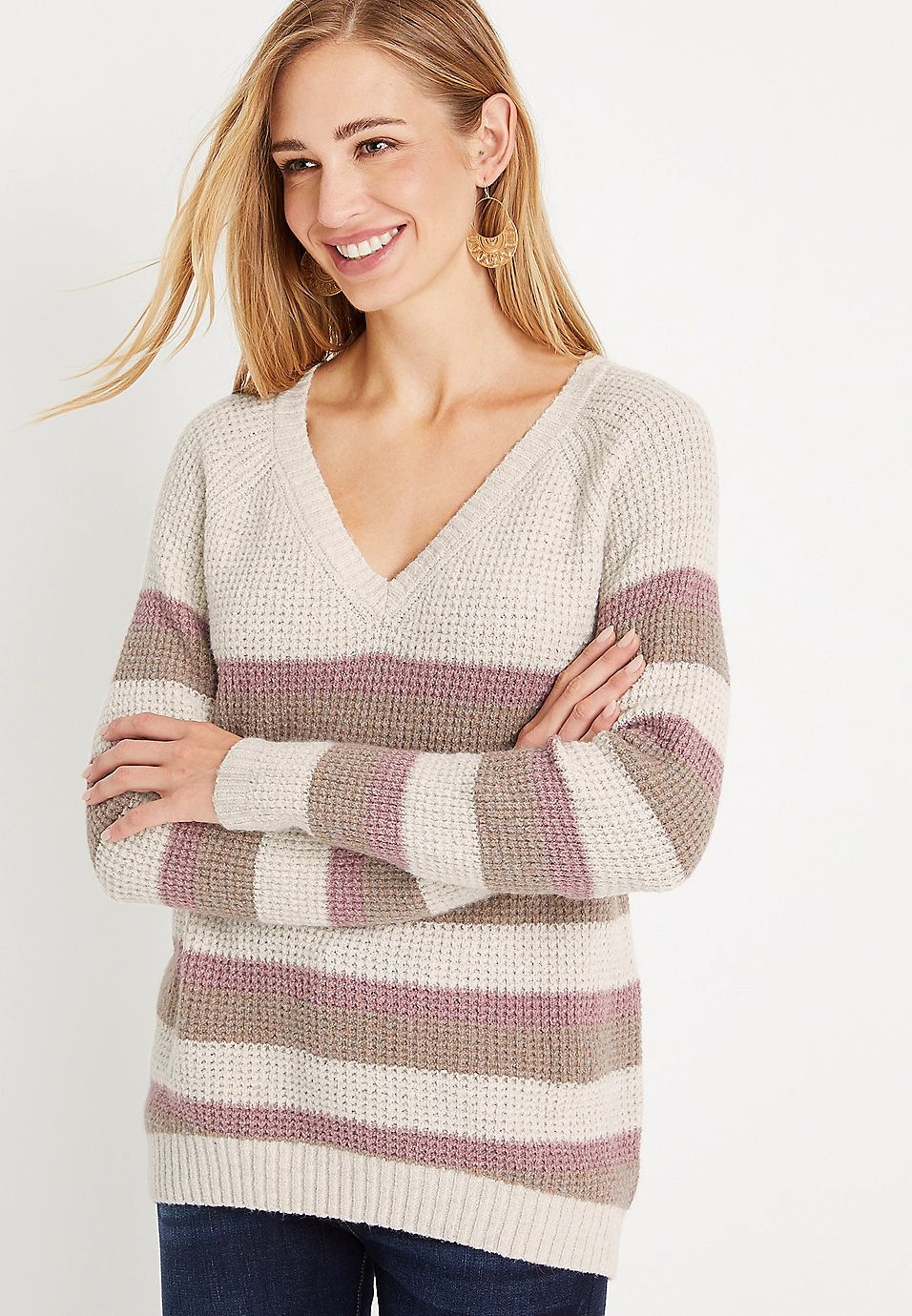 Multi Striped Waffle Long Sleeve Sweater | Maurices