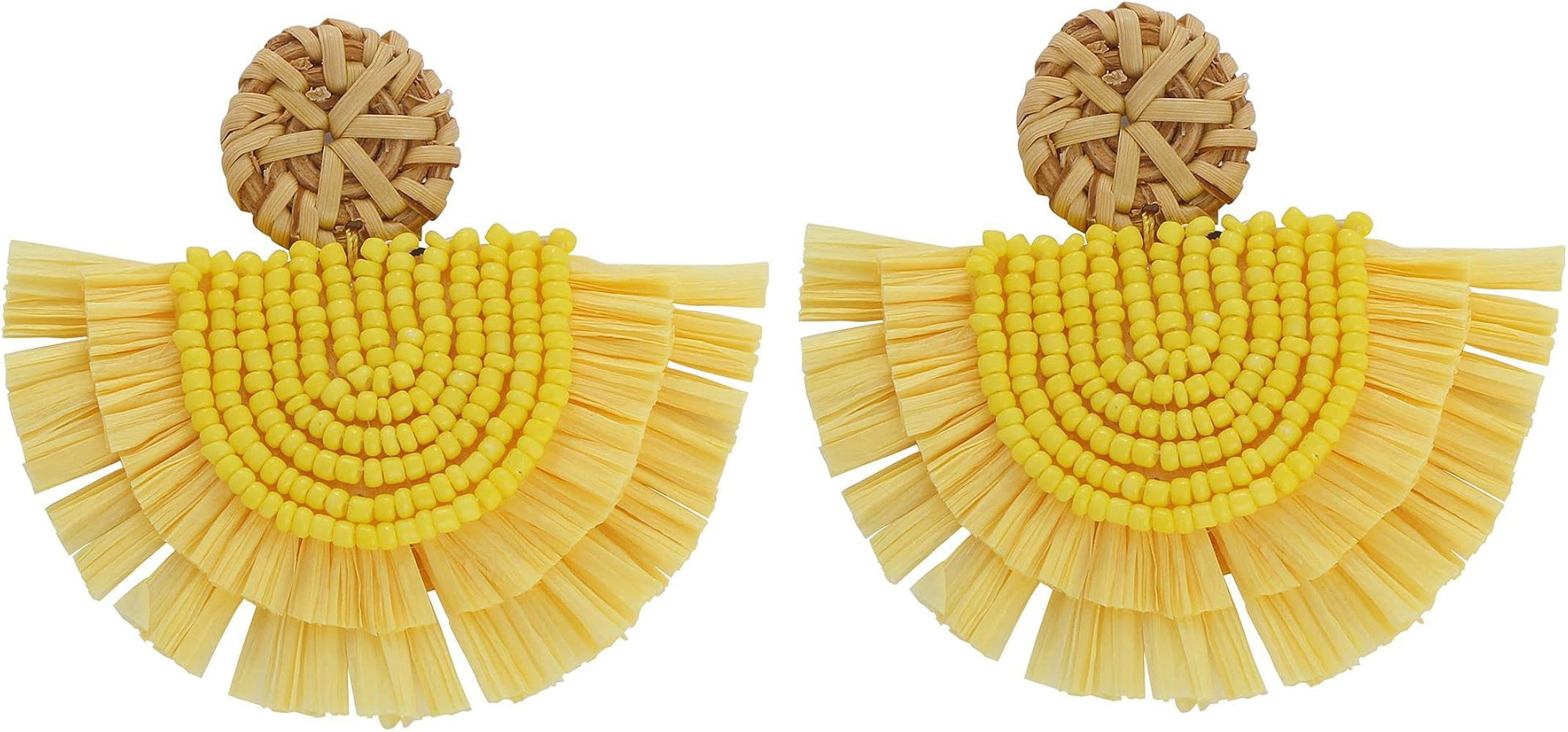 COIRIS Bohemia Beaded Fringe Statement Earrings with Long Dangling Tassel Raffia Earrings for Wom... | Amazon (US)