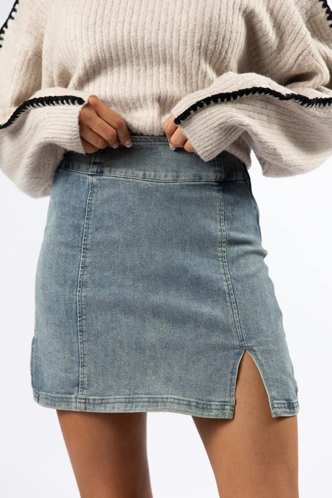 My Time To Shine Medium Wash Side Slit Denim Skirt | Pink Lily