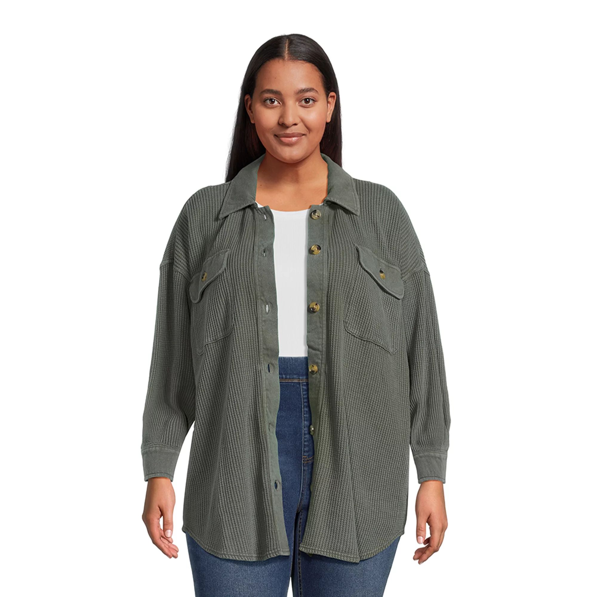 Terra & Sky Women's Plus Size Button Down Waffle Knit Shacket | Walmart (US)