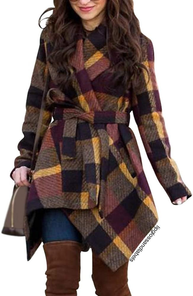 CHICWISH Women Turn Down Shawl Collar Open Front Plum Check Asymmetric Hemline Wool Blend Coat, S... | Amazon (US)