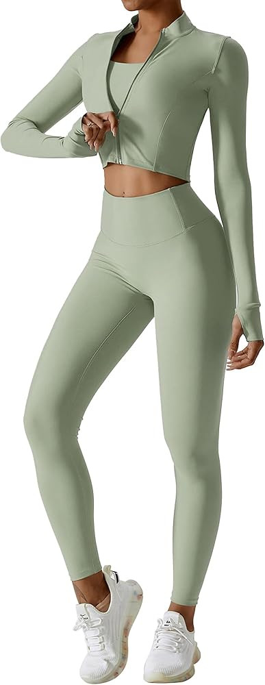 Workout Sets for Women 3 Piece High Waisted Seamless Leggings Crop Top Jacket Gym Yoga Outfit Str... | Amazon (US)