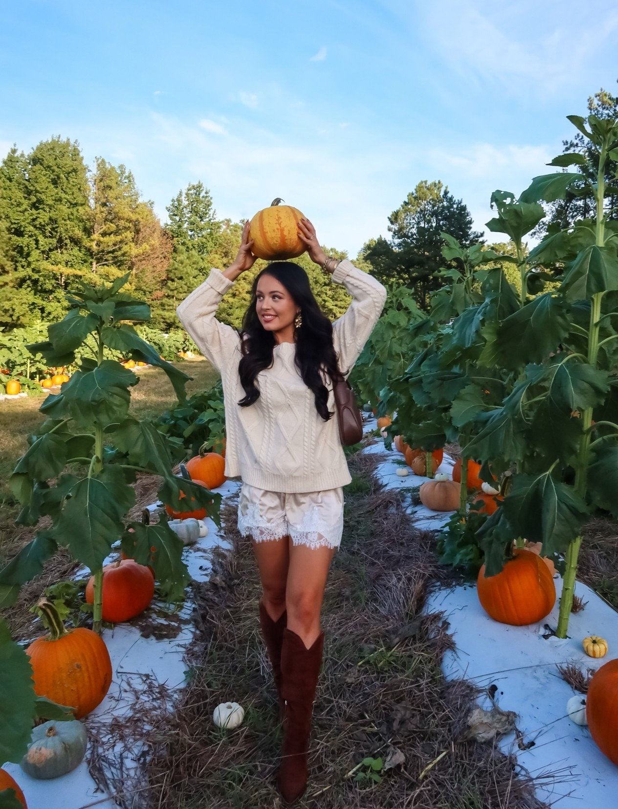 Amazon cream cable knit sweater (under $20, medium), Amazon lace shorts (medium), Amazon western boots (tts)