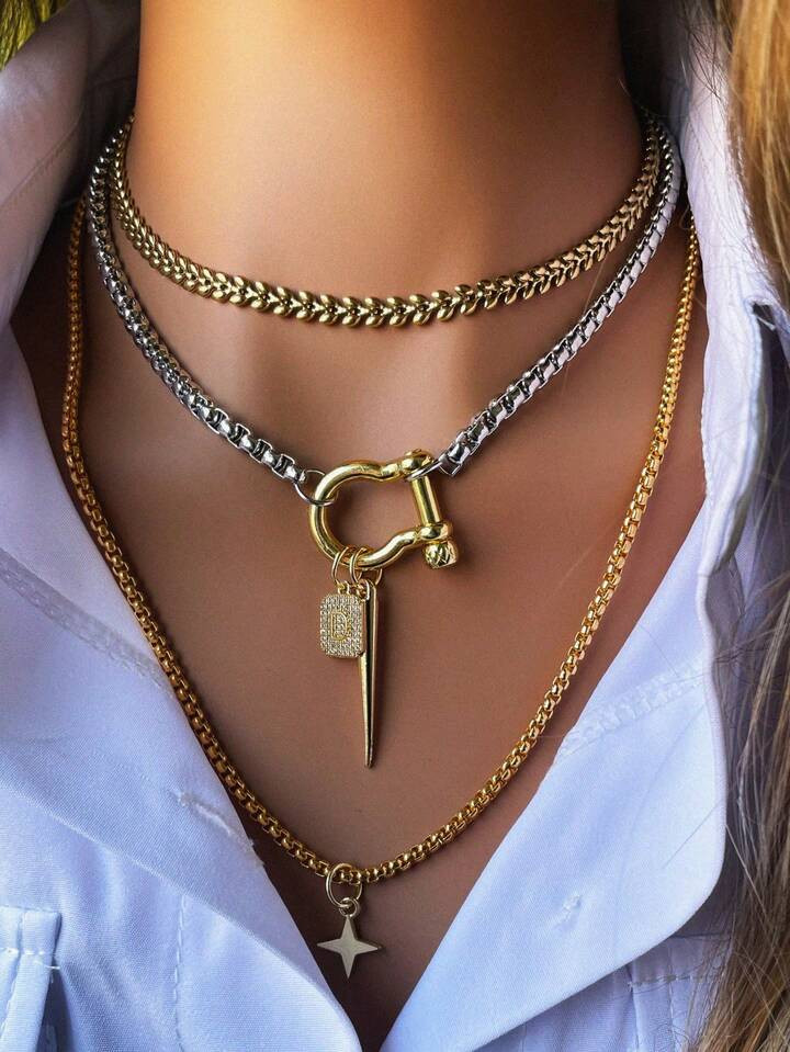 1pc Contrast Color Horseshoe Clasp Necklace With Long Tapered Pendant And Initial Pendant, Smooth Horseshoe Clasp Necklace, Vintage Elegant, Suitable As Daily Fashion Item | SHEIN