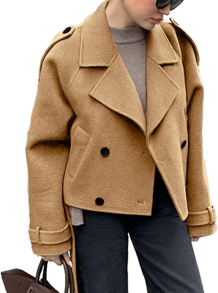 CHARTOU Women Crop Wool Pea Coat Lapel Collar Office Work Short Winter Jacket Trench Coat | Amazon (US)