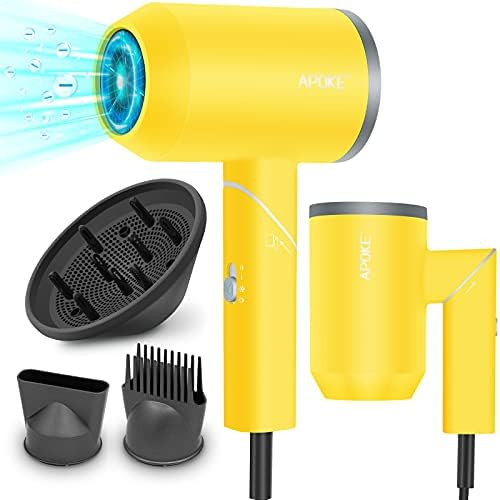 APOKE Hair Dryer with Diffuser, Professional 1800W Blue-ray Ionic Ceramic Tourmaline Compact Travel  | Amazon (US)